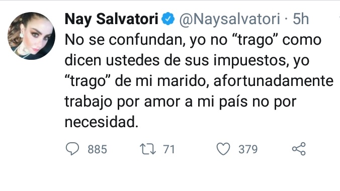 Trago de mi marido no de sus impuestos, dice Nay Salvatori