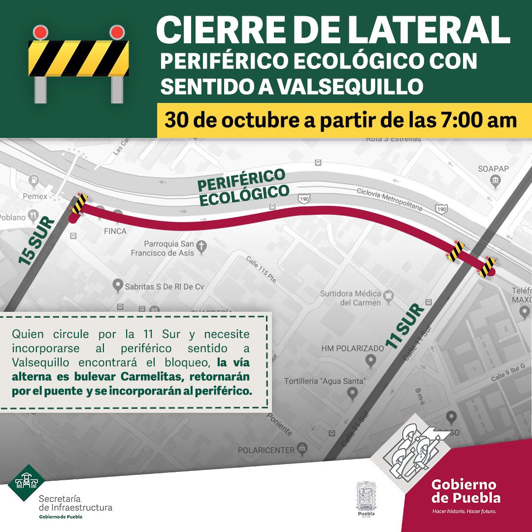 Por trabajos cerrarán laterales del Periférico en sentido a Valsequillo