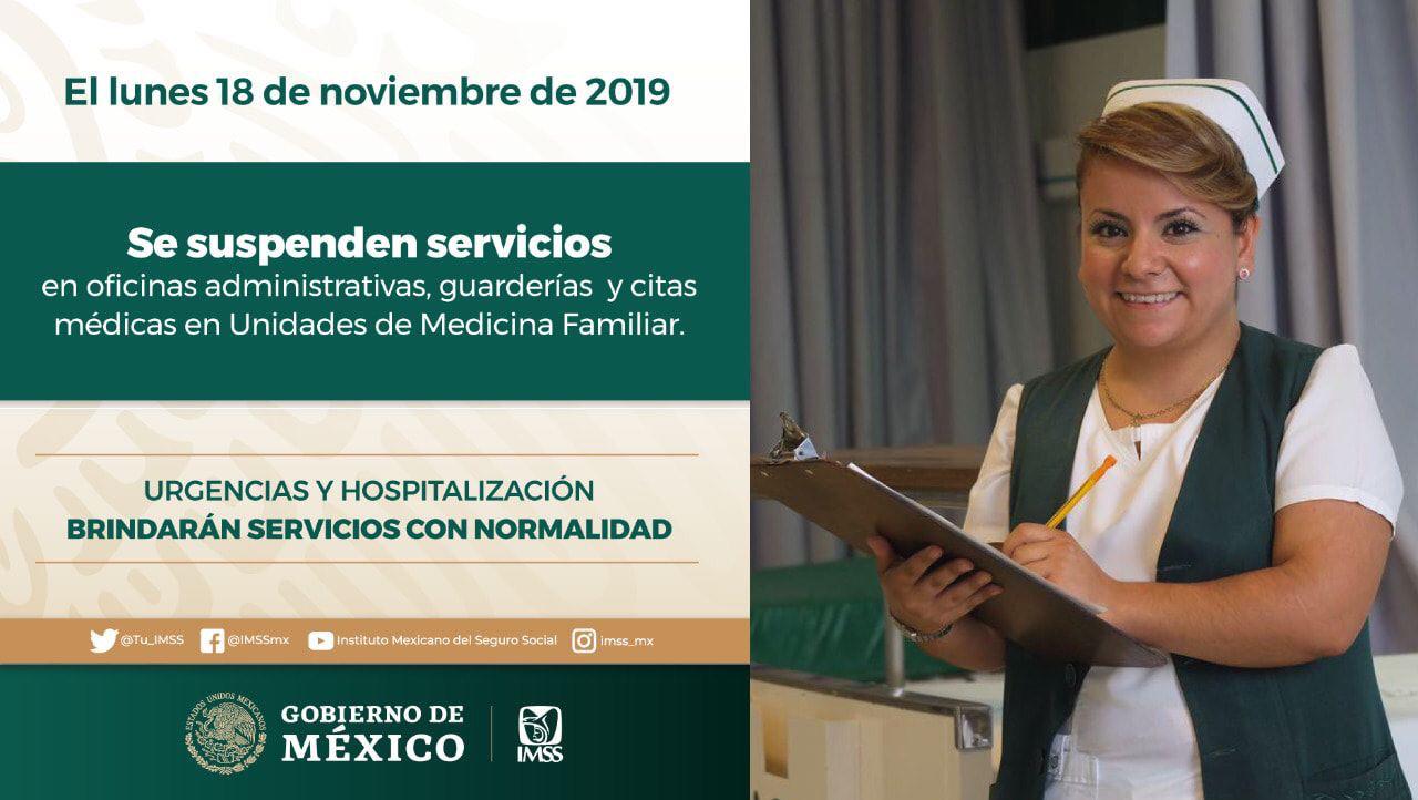 IMSS atenderá urgencias y hospitalización el 18 de noviembre