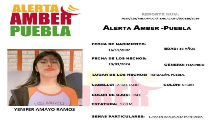 Emiten Alerta Amber por adolescente Yenifer Amayo en Tehuacán