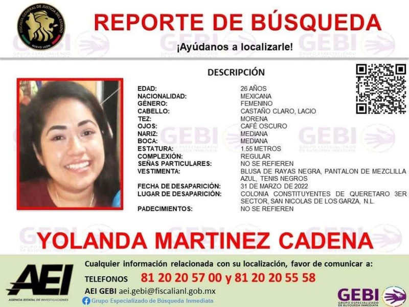 Confirma Fiscalía de Nuevo León que cuerpo encontrado corresponde a Yolanda Martínez